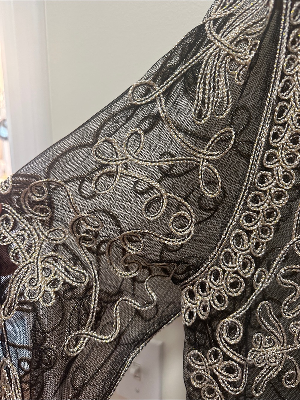 Embroidered Black Sheer Jacket with Ivory Stitching - Picture 4 of 5